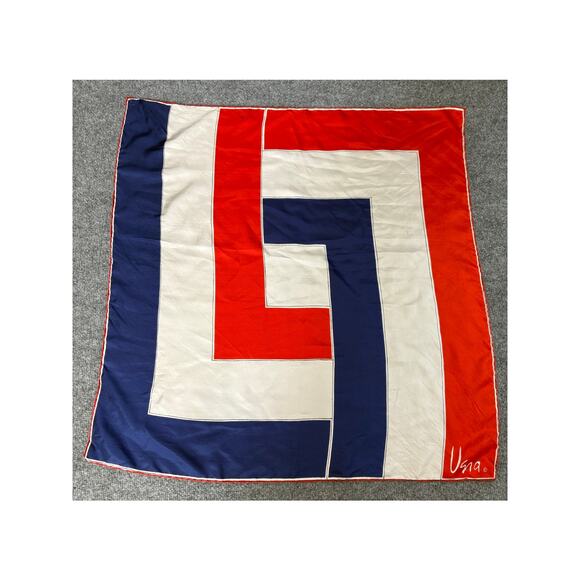 Vintage Vera Neumann Red White Blue geometric Scarf 100% Silk 30 x 30 with logo - Picture 5 of 5